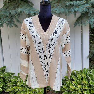 Tan & Ivory Stripe Animal Print Sweater, Size L
